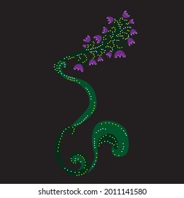 Vector colorful flower art with purple small flowers and green sterm and black background. 