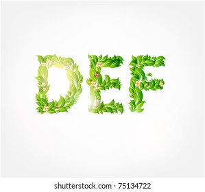 Vector colorful flower floral font. D,E and F letters. With ladybirds.