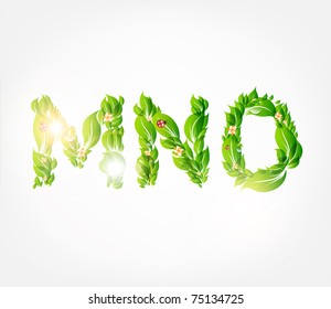 Vector colorful flower floral font. M,N and O letters. With ladybirds.