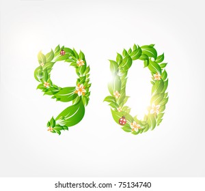 Vector colorful flower floral font. 9 and 0 numerals. With ladybirds.
