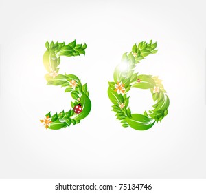 Vector colorful flower floral font. 5 and 6 numerals. With ladybirds.