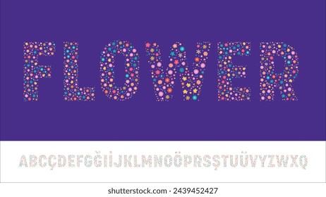 Vector colorful flower font. Depicted with colorful floral patterns.