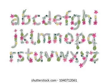 Vector colorful flower font. Vector illustration. Grotesque style. Floral alphabet.