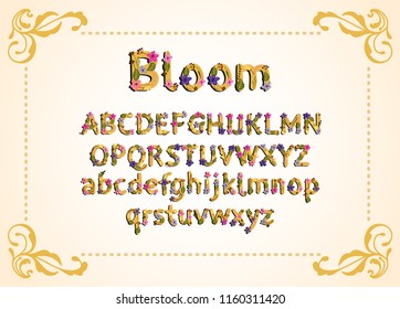 Vector colorful flower font. Vector illustration. Grotesque style. Floral alphabet.