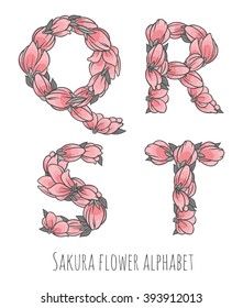 Vector colorful flower font - font made with sakura flowers and leaves - floral alphabet letters set, vector design