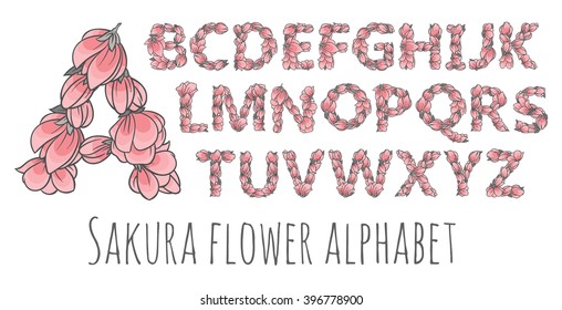 Vector colorful flower font - font made with sakura flowers and leaves - floral alphabet letters set, vector design