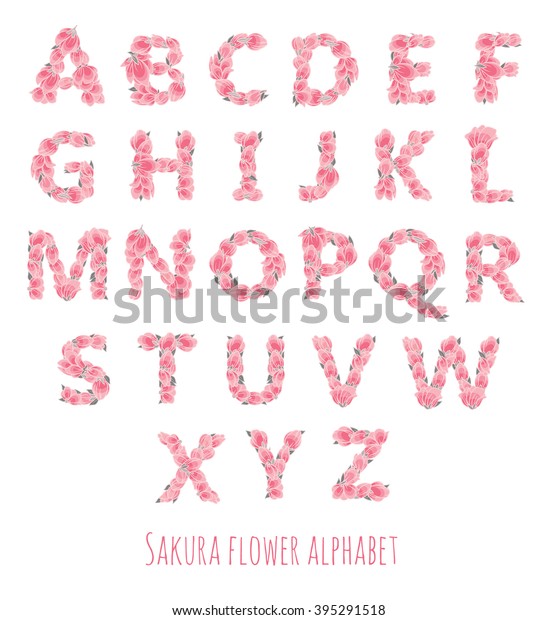 ベクター画像のカラフルな花のフォント 桜の花と葉で作ったフォント 花柄のアルファベット文字 セット ベクター画像デザイン のベクター画像素材 ロイヤリティフリー