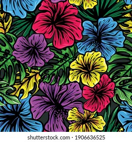 La jungla de flores coloreadas vectorial se repite sin fisuras en todo el patrón textil