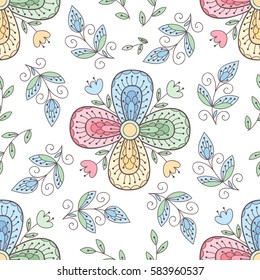 Vector colorful flower seamless pattern with leaves. Cute abstract rainbow colored floral background. Scrapbook cute summer paper