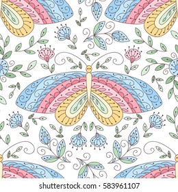 Vector colorful flower seamless pattern with butterfly. Cute abstract rainbow colored floral background. Scrapbook cute summer paper