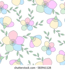Vector colorful flower seamless pattern with leaves. Cute abstract rainbow colored floral background. Scrapbook cute summer paper