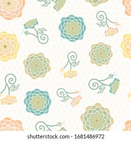 Vector Colorful Flowers in Green Orange Yellow Blue with Green Leaves on White Background Seamless Repeat Pattern. Background for textiles, cards, manufacturing, wallpapers, print, gift wrap and