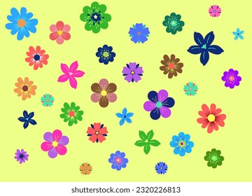 vector colorful flowers on a yellow background, a playful and pretty design