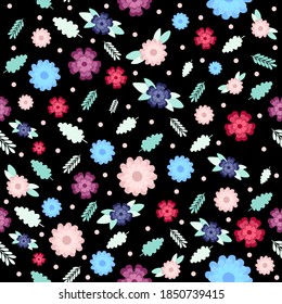 Vector colorful flowers pattern on a black background 