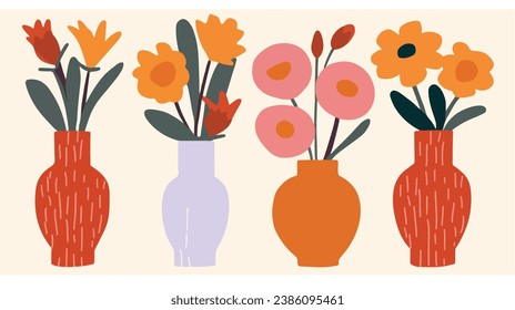 vector colorful flowers in vase collection ,boho vase with flowers set ,bohemian flowers in vase collection