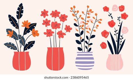 vector colorful flowers in vase collection ,boho vase with flowers set ,bohemian flowers in vase collection