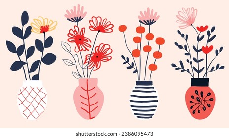 vector colorful flowers in vase collection ,boho vase with flowers set ,bohemian flowers in vase collection