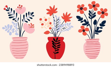 vector colorful flowers in vase collection ,boho vase with flowers set ,bohemian flowers in vase collection