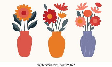 vector colorful flowers in vase collection ,boho vase with flowers set ,bohemian flowers in vase collection
