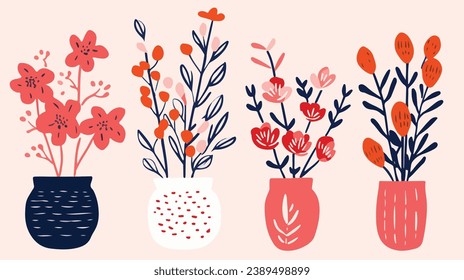 vector colorful flowers in vase collection ,boho vase with flowers set ,bohemian flowers in vase collection