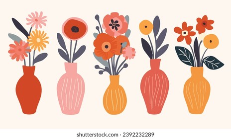 vector colorful flowers in vase collection ,boho vase with flowers set ,bohemian flowers in vase collection