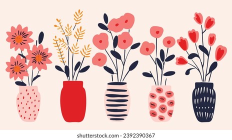 Vektorbunter Blumen in Vasesammlung, Boho Vase mit Blumenset, Böhmische Blumen in Vasesammlung