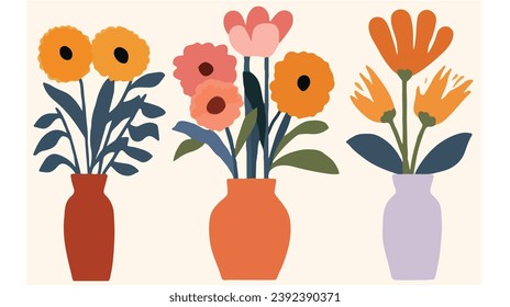 vector colorful flowers in vase collection ,boho vase with flowers set ,bohemian flowers in vase collection