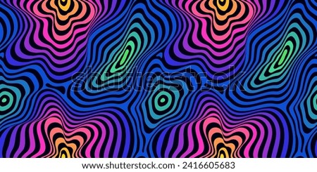 Vector colorful fluid curved lines seamless pattern. Abstract ripple background, dynamical surface, 3D visual effect, optical illusion, flow. Retro 1980s - 1990s fashion style, vibrant neon colors