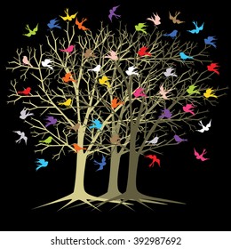 vector colorful fly birds and on tree.Tree silhouettes. Vector illustration.