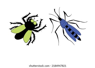 Mosca vectorial colorida, mosquito de estilo plano. Los insectos de vista superior. Cliparts, elementos de diseño sobre el tema de la naturaleza, primavera, verano, aislados
