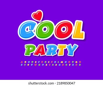 Vector colorful flyer Cool Party with decorative Heart. Bright glossy Font. Modern Alphabet Letters and Numbers set