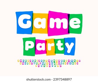 Vector colorful flyer Game Party.  Bright creative Font for Kids. Playful Alphabet Letters, Numbers and Symbols set.