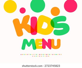 Vector Folleto colorido Menú infantil para cafetería y restaurante familiar. Fuente alegre brillante. Conjunto de letras y números del alfabeto infantil artístico.