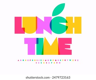 Vector colorful flyer Lunch Time. Exclusive Bright Font. Modern Cool Alphabet Letters and Number set.