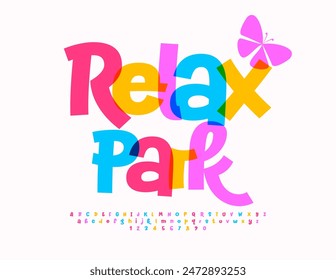 Vector colorful flyer Relax Park. Bright handwritten Font. Playful Alphabet Letters and Numbers set.