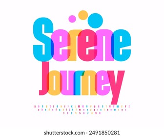 Vector colorful flyer Serene Journey. Creative Bright Font. Artistic Alphabet Letters and Numbers set.