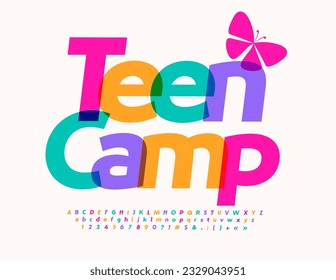 Vector colorful Flyer Teen Camp with bright Font. Creative set of Alphabet Letters and Numbers
