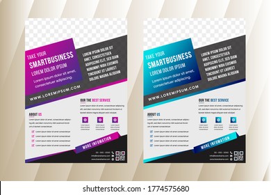 Vector Colorful Flyers Design Template. Vertical Geometric Brochure Layout Concepts. Leaflet Cover Presentation. Abstract Flat grey Background. purple and blue gradient color. space for photo collage.