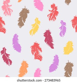 Vector colorful flying feather silhouette seamless pattern in on neutral background