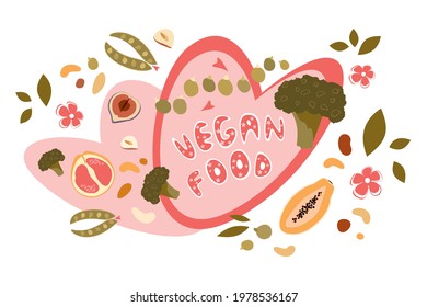 Vector colorful food set of healthy food ingredients. Vegan food typography. Trendy hand drawn doodle cartoon set of Vegan food objects and symbols.
