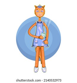 Vector colorful fox dressed in clothes, sundress, , boots, cap and holding a lighting book with bookmark that symbolizes knowledge, education, enlightenment.
