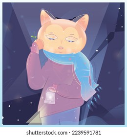 Vector colorful fox kit holding a lighting candlestick and putting a mandarin over its chin on a winter night or late evening. The animal is dressed in warm clothes. Background includes some snowdrops