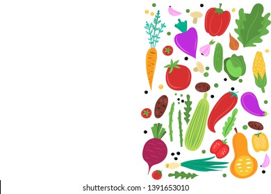 Vector colorful frame with copy space,  organic  fresh vegetables on white background.