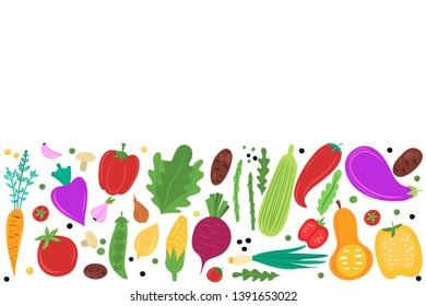 Vector colorful frame with copy space,  organic  fresh vegetables on white background.