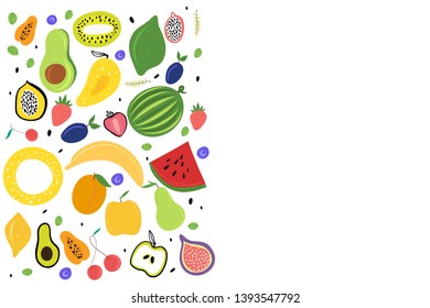 Vector colorful frame with copy space,  organic  fresh fruit on white background.