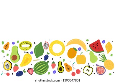 Vector colorful frame with copy space,  organic  fresh fruit on white background.