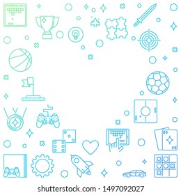 Vector colorful Frame with Game outline icons in Heart shape. I love Video Games vector concept illustration