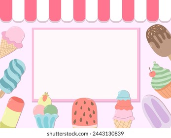 Vector colorful frame with ice cream and place for text. Modern summer illustration