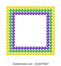 Vector colorful frame Mardi Gras coloros. Realistic beads in yellow, green and purple colors