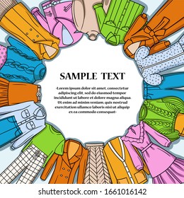 Vector colorful frame on the theme of fashion and women's wardrobe. Background with fashionable clothes for women